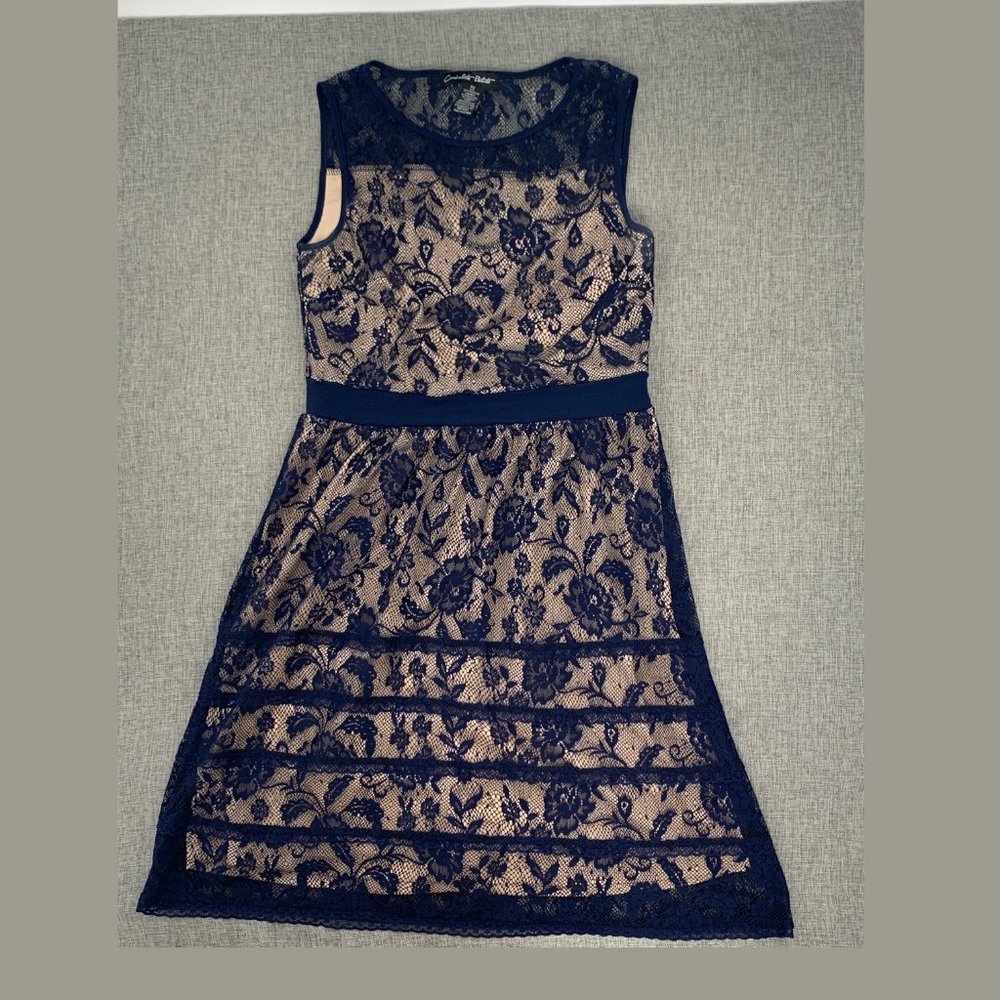 Candalite Petite Beautiful Lace Floral Dress Blue Beige Lining Sleeveless PM‎
